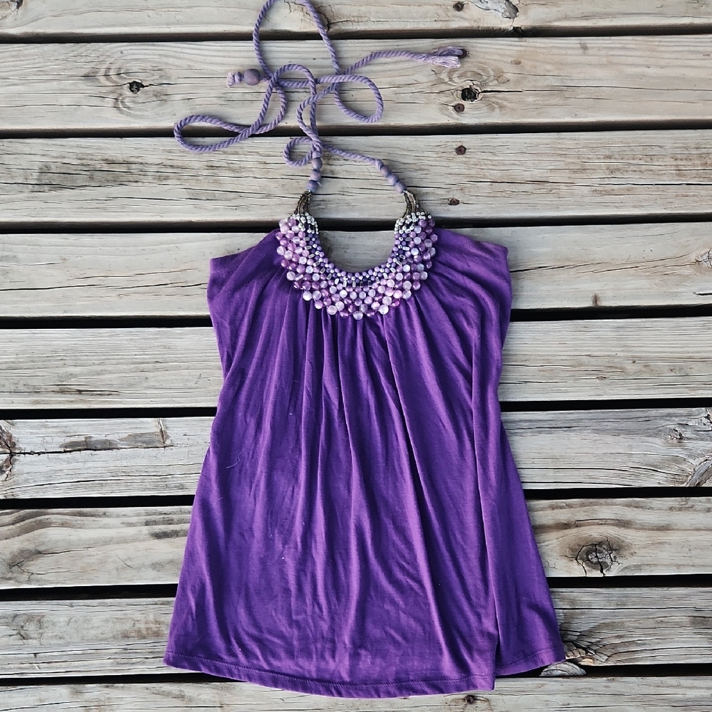 Purple Lipstick Beaded Halter Top Summer Beach Tie Small